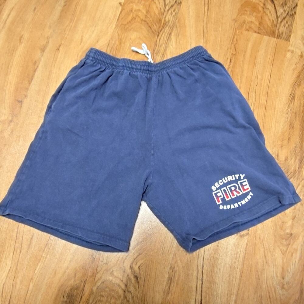 Vintage Security Fire Department Shorts Anvil Blue Graphic Large 90s